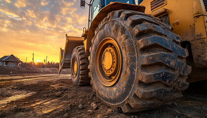 Bulldozer clearing dirt on a construction site in an urban environment. Concept of heavy machinery, land development, industrial equipment, urban