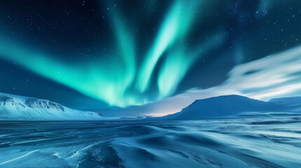 Fototapeta premium Breathtaking aurora borealis casting vibrant colors over frozen landscapes, igniting magical wonder and celestial artistry