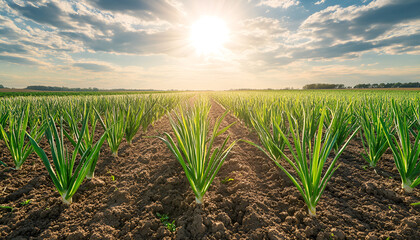 Onion Field Rows Under a Bright Sky with Puffy Clouds. Concept of Agriculture, Farming, Vegetable Crop, Rural Landscape