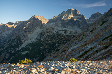 Sunlit Mountain Peaks at Dusk