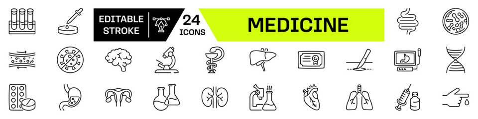 Medicine icon set. Linear style. Editable stroke.