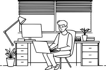 Outline illustration of a remote work setup with laptop freelancer working from home.