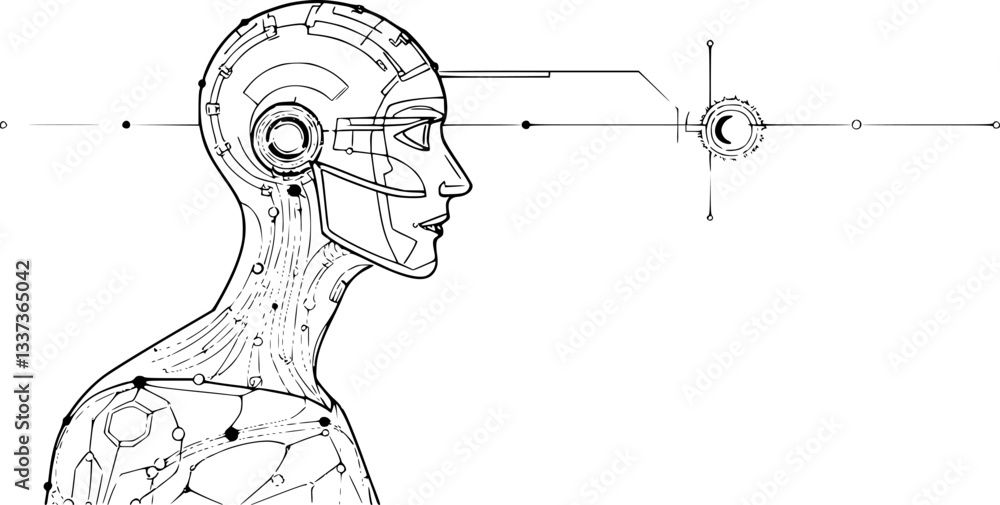 Aufkleber outline of an ai-powered digital twin minimal futuristic simulation technology vector illustration.