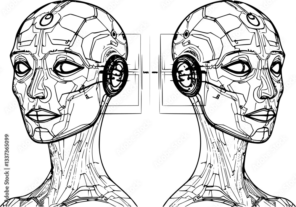 Aufkleber outline of an ai-powered digital twin minimal futuristic simulation technology vector illustration.