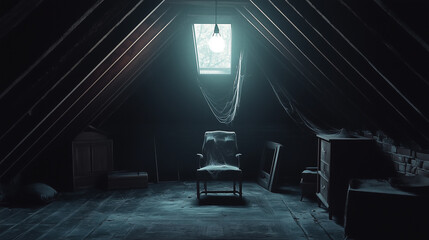 Darkened attic with cobwebs, forgotten furniture, and nostalgic relics creates an eerie, mysterious vintage ambiance