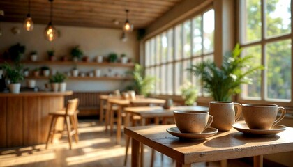 Cozy Sunlit Caf&eacute; with Wooden Tables and Chairs