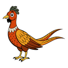 a cartoon pheasant bird standing gracefully with intricate details in its plumage. The bird's vibrant colors, from its crown to its tail, creating a visually stunning image.