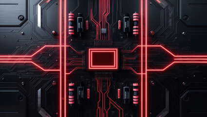 A futuristic computer circuit board featuring glowing red pathways and components on a black background, with a central processor unit.
