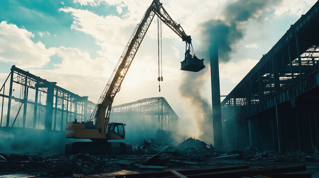 Tall crane actively dismantling a large structure captures dynamic industrial progress with precision in action