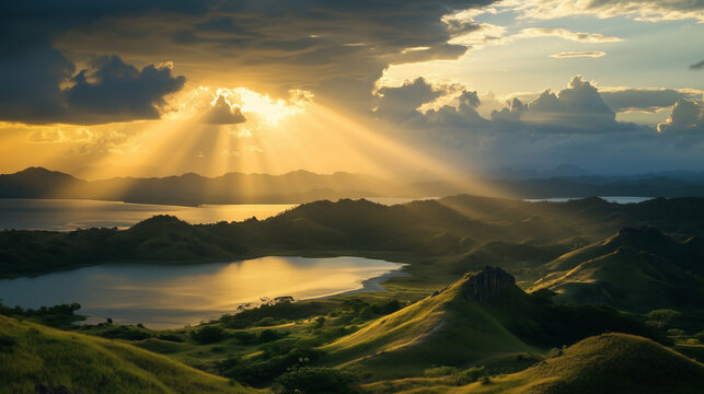 Komodo Island sunrise viewed from a hilltop radiates colors across a breathtaking horizon of nature - Powered by Adobe