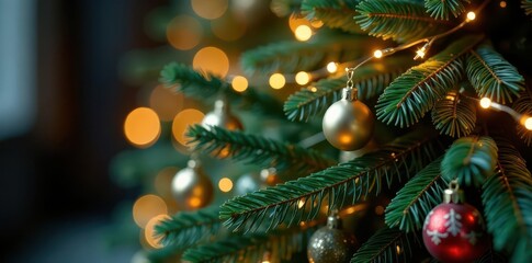 Obraz premium Luxurious coniferous branches, interwoven with shimmering lights and festive garlands , celebration, garland, festive background