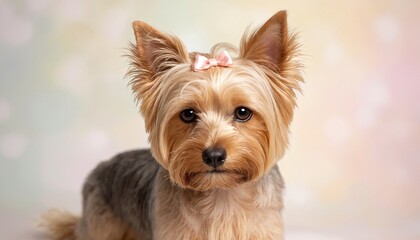 Fototapeta premium A charming Yorkshire Terrier with a silky coat and a pink bow on its head, posing against a soft pastel background. 