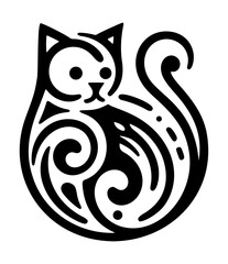 Creative cat logo design drawn in decorative tattoo style isolated on transparent background. Cute animal graphic icon.