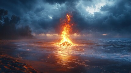 Obraz premium Fiery bonfire on stormy sea beach, night