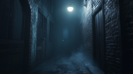 Mysterious foggy alley featuring dark walls, aged old doors, and a haunting urban mystery vibe