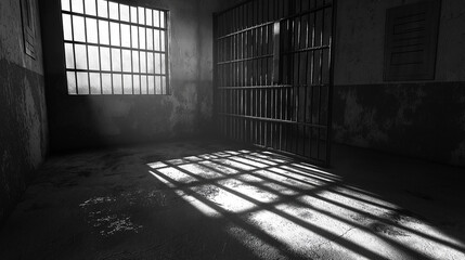 Solitary confinement room with metal shadows and sparse furnishings, evoking isolation and austere urban ambiance