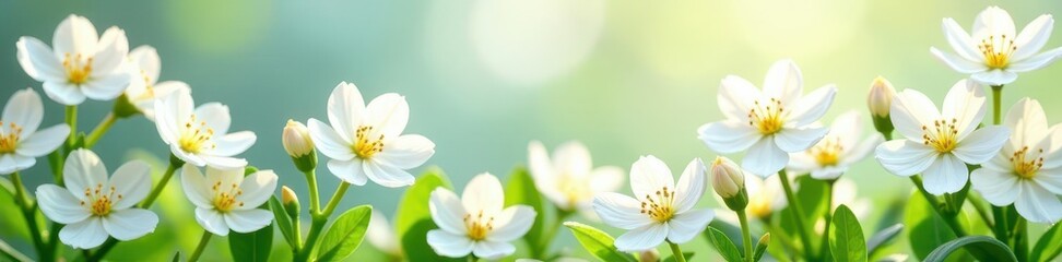 Obraz premium Abundant white blossoms create a vibrant spring border Fresh, bright aesthetic , floral, nature frame