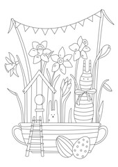 Easter Display Featuring A Birdhouse, Daffodils, And Eggs With A Stress-Relief Coloring For Kids And Adults