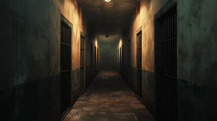 Hauntingly lonely, dim prison hallway with empty solitary cells evoking isolation and stark institutional design
