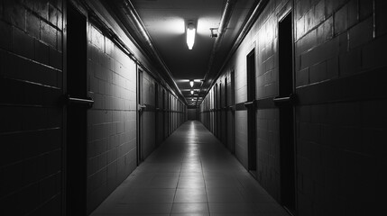 Haunting prison corridor featuring dim, lonely hallway with vacant solitary cells evoking grim desolation profoundly