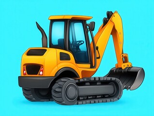 Naklejka premium Cartoon excavator on a bright blue background, showcasing construction equipment