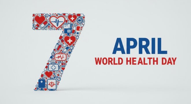 Colorful illustration of the number 7 made of health related icons, celebrating World Health Day on April 7, promoting health awareness and well being.
