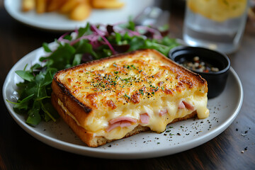 The image shows a deliciously golden-brown French croque monsieur served on a plate. The sandwich is filled with layers of melted cheese and ham, with the cheese oozing out from the sides. It is garni