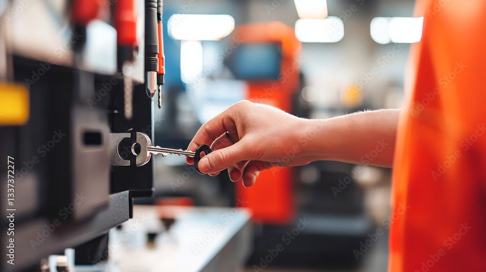 Poster locksmith inserting key into key cutting machine in modern workshop. concept of locksmithing, key du