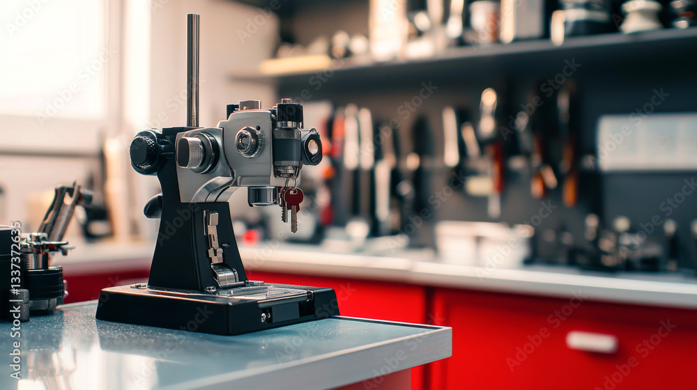 Poster key duplication machine in professional locksmith workshop. concept of precision engineering, locksm