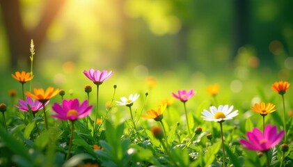 Vibrant wildflowers in lush meadow, sunlight dappled , colorful, field