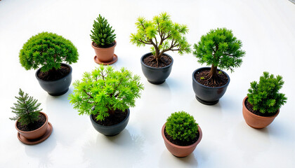 Fototapeta premium Bonsai trees arranged neatly on white surface, harmony of nature