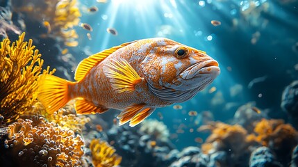 Giant grouper gliding through the coral reef high resolution image