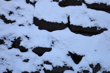 A natural scenery with rocks covered in thick snow, suitable for winter-themed projects or...