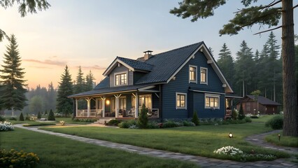 Obraz premium A charming house nestled in a serene and picturesque environment with an evening sun