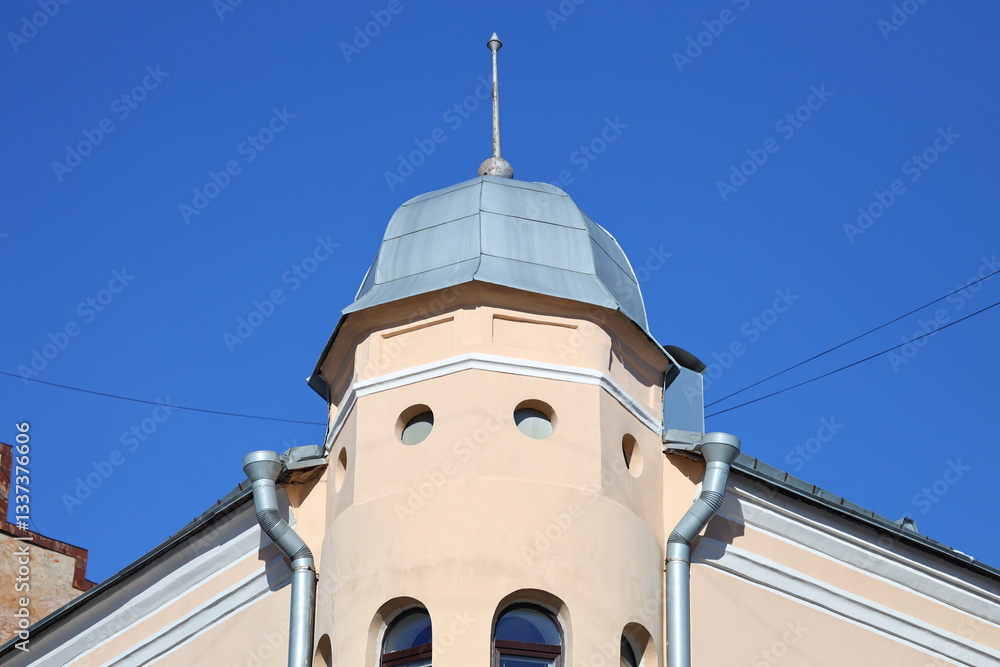 Poster a city hall building with a clock tower in the middle, suitable for use as a landmark or cityscape i