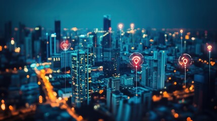 Fototapeta premium Night cityscape with connected glowing points. Aerial view. Stock photo