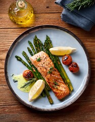 Top-View of Grilled Salmon Fillet with Crispy Golden Skin, Served with Roasted Asparagus, Cherry Tomatoes, and Lemon Butter Sauce on Elegant Ceramic Plate &ndash; Gourmet Fine Dining Food Photography 