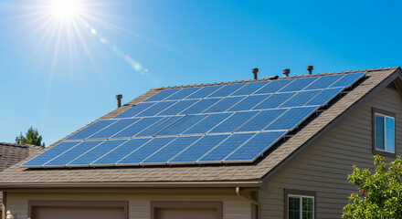 Imagen panel solar fotovoltaico. Un primer plano de un panel solar instalado en el techo de una casa, con un cielo azul de fondo y rayos de sol brillantes
