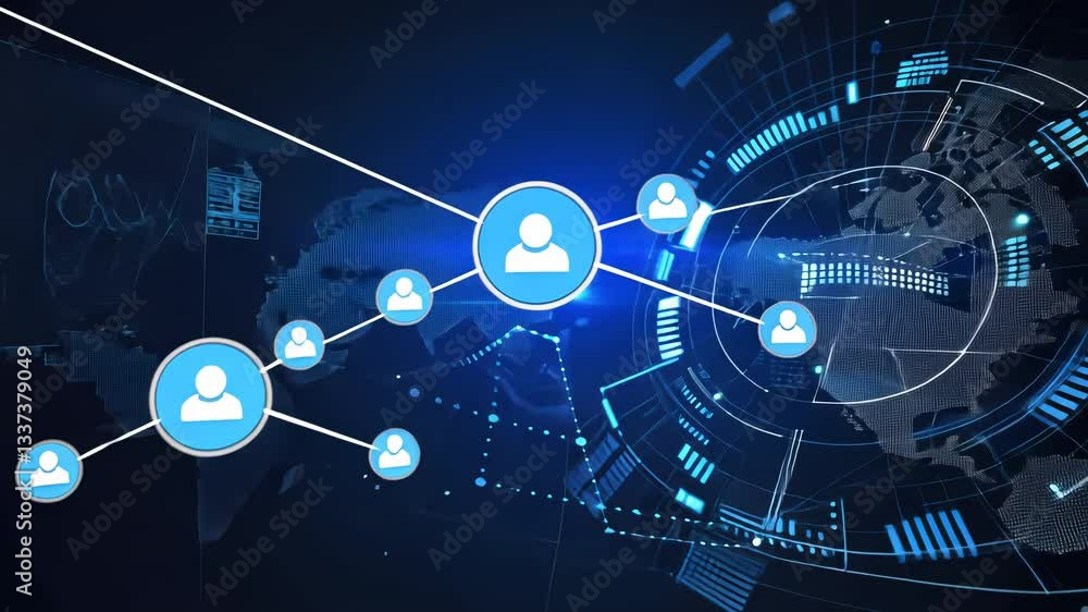 Poster global interconnected network of people, displayed in a digital interface. people icons, a world map