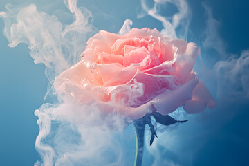 Pink rose flower with white ink. Creative abstract spring nature. Summer bloom concept.