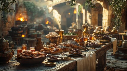 Rustic Ancient Greek Banquet with Freshly Baked Bread, Grilled Fish, and Olives