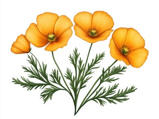 Fototapeta premium Vibrant orange poppy flowers with green leaves against a white background