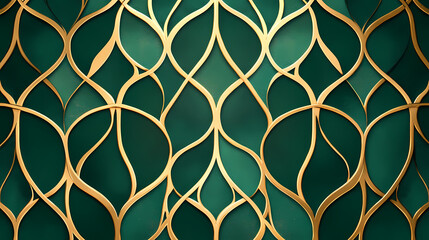Fototapeta premium Seamless geometric stylized tree lattice in soft gold on deep emerald, refined botanical minimalist luxury pattern, sophisticated high-end refinement. Soft Lattices. Illustration