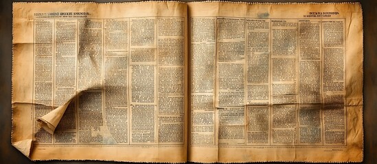 Aged newspaper spread, crumpled pages, dark background