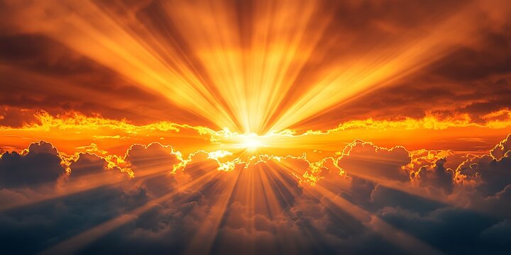 Fiery sunset rays pierce clouds
