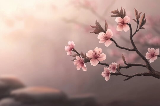 A single cherry blossom branch with delicate pink flowers