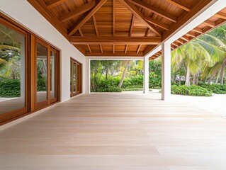 Fototapeta premium Modern tropical villa interior with wooden ceiling and large windows overlooking lush greenery