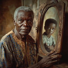 Obraz premium Emotional concept of aging and memories, an elderly man gazes forward while a boy’s reflection in the mirror represents his past