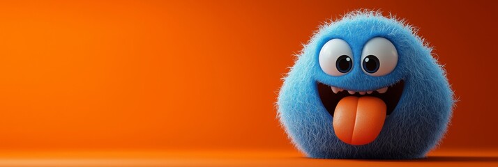 Mischievous blue blob-like creature playfully sticking out its tongue against a vibrant orange backdrop