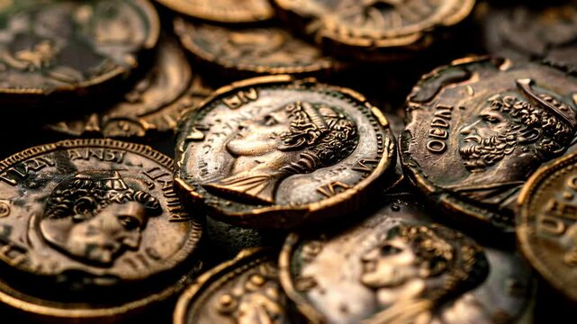 Pile of vintage Ancient coins, old bronze Greek Roman money close-up, concept of antique and history